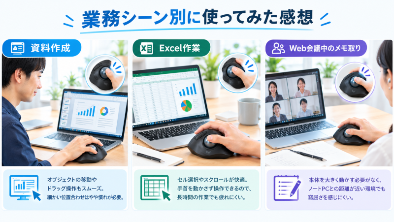 業務シーン別(資料作成、Excel作業、Web会議中のメモ取り)のMX Ergo Sの使用感を示す比較画像