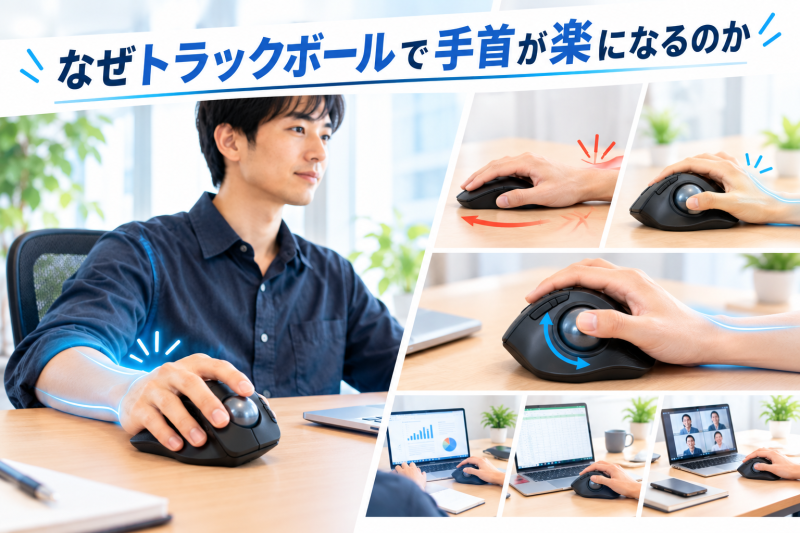 なぜトラックボールで手首が楽になるのかを示したイメージ画像。一般的なマウス操作とトラックボール操作の比較、および実際の使用シーン。